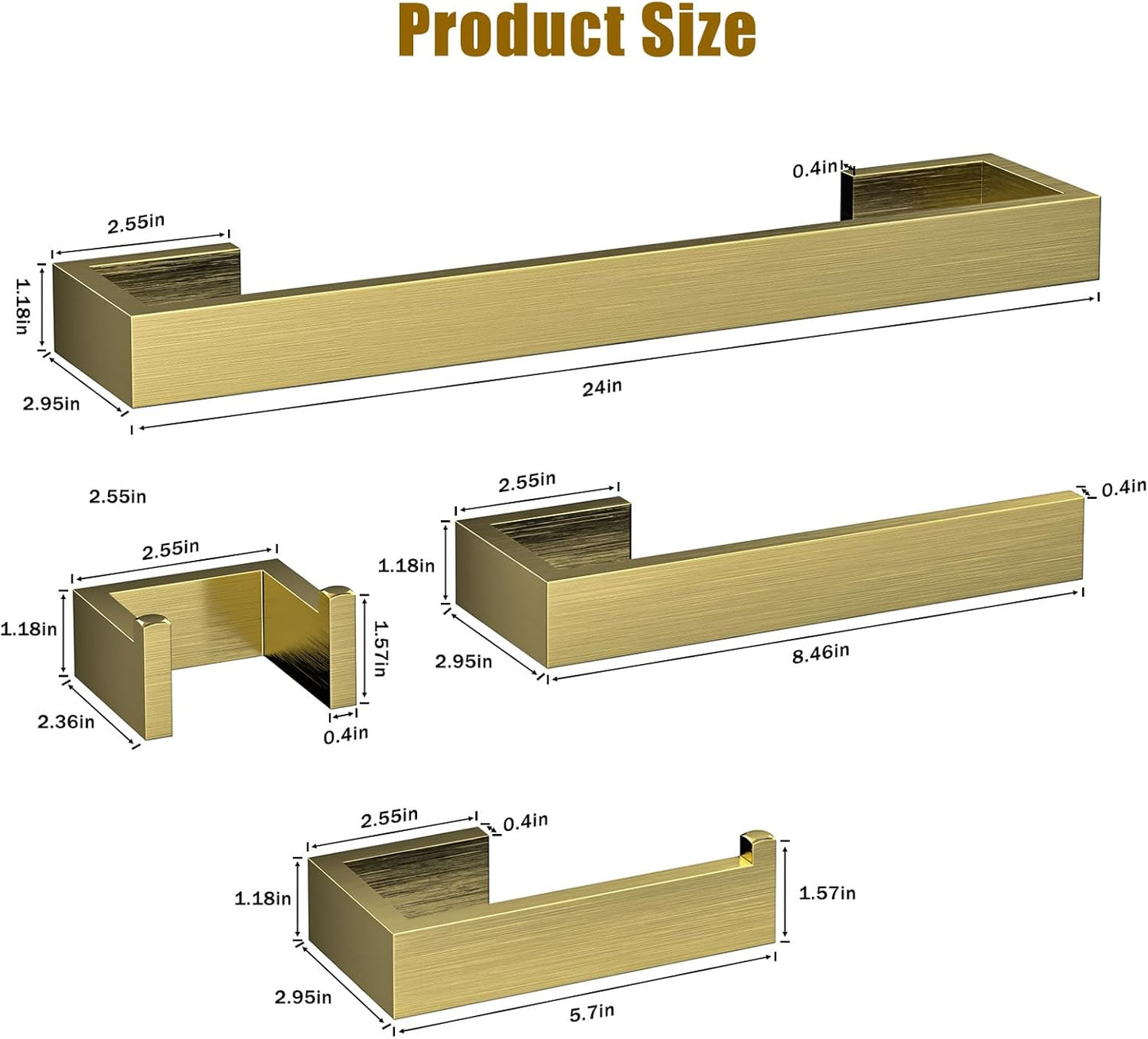 4 Pcs SUS304 Stainless Steel Bathroom Accessories Set, 24" Towel Bar, Towel Holder, Toilet Paper Holder, Robe Hook, Minimalist Design for All Styles Bathrooms (Gold)