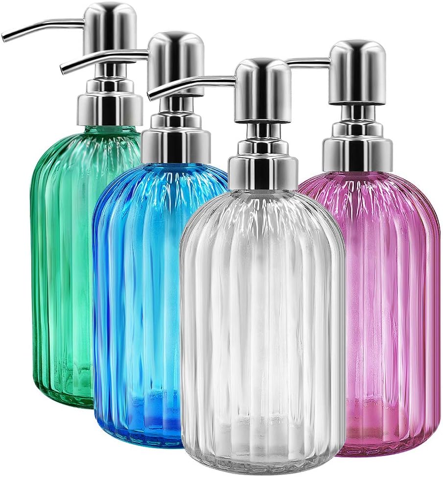 Soap Dispenser - 2 Pack 14 Oz Glass Soap Dispenser with Rust Proof Stainless Steel Pump, Refillable Liquid Bottle Dispenser, Premium Hand Jar Dispenser for Bathroom, Kitchen, Countertop (Green)