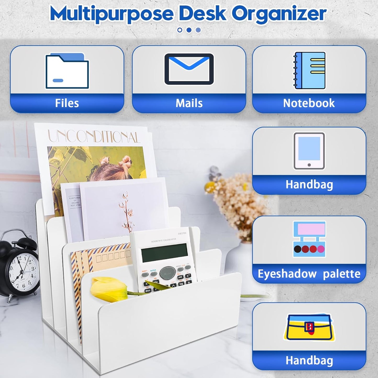 2PCS Acrylic File Organizer for Desk, 4 Section Acrylic Desk Organizer and Accessories, Sturdy File Folder Holder, Office Supplies for Mail Letter Paper Electronic