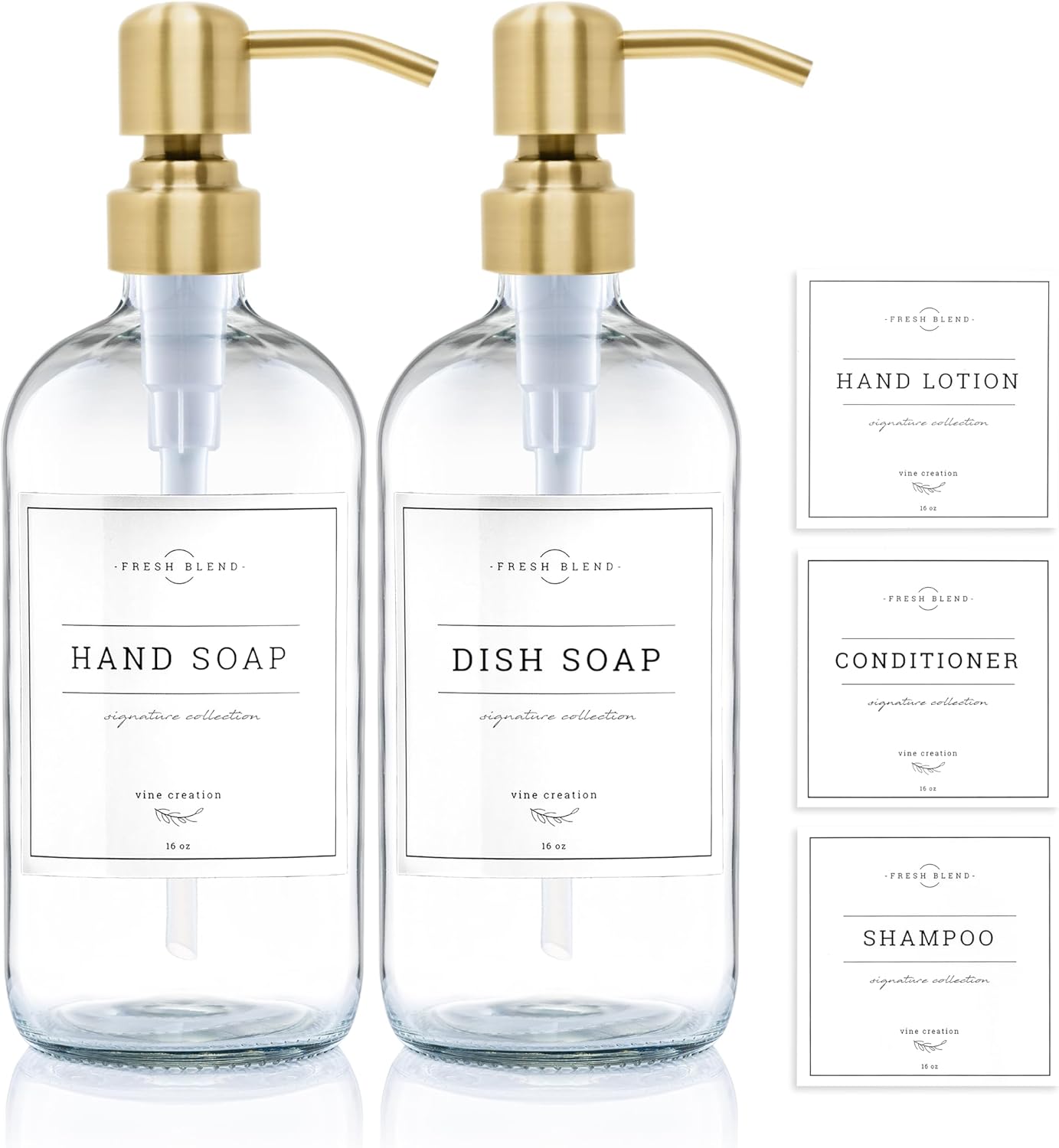 Vine Creations Clear Glass Soap Dispenser, 2 Pack Kitchen Soap Dispenser Set with Stainless Steel Pump, 16 oz Dish Soap and Hand Soap Dispensers for Bathroom with Waterproof Labels