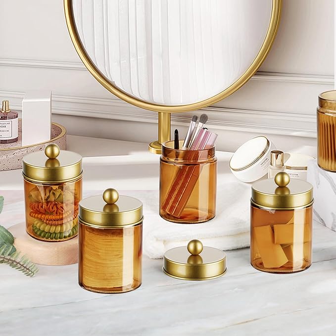 Amolliar Bronze Glass Apothecary Jar, Qtip Holder Metal Lid & Stickers, Bathroom Qtip Dispenser Storage Canister, Perfect for Cotton Balls, Cotton Swabs, Makeup Pads, Bath Salt, Floss, 4 Pack (Gold)