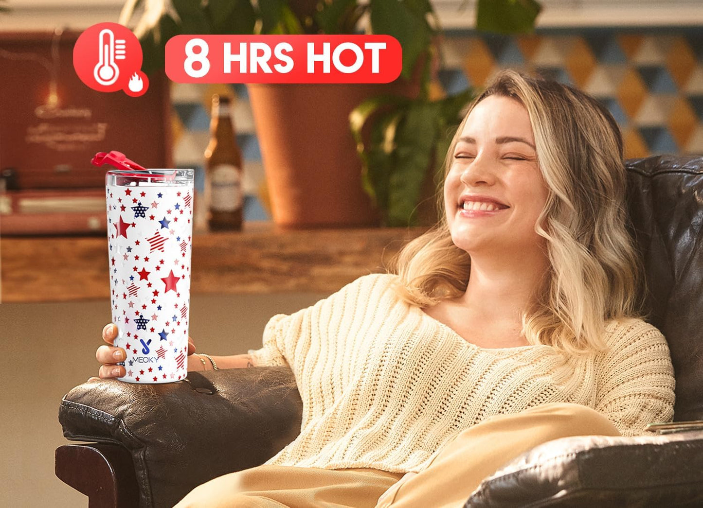 Meoky 24 oz Travel Coffee Mug with Leak-proof Lid, Stainless Steel Insulated Coffee Tumbler, Keeps Hot for 8 Hours or Cold for 24 Hours, Fits in Car Cup Holder (Star)