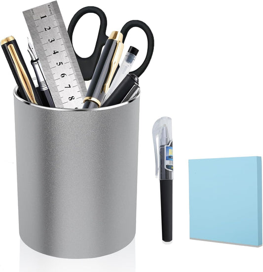 Metal Pen Holder Aluminum Pencil Holder Desktop Organizer Black for Office, School, Home 3.15 x 3.15 x 3.94 Inches-Silver