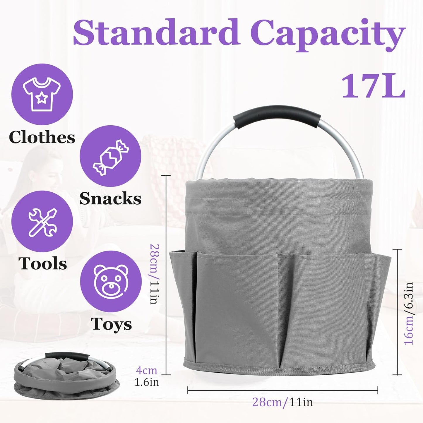 17L Collapsible Cleaning Caddy with Handle, Foldable Cleaning Supply Caddy, Bucket Tool Organizer in 600D Oxford Fabric, Multifunctional Storage Basket for Cleaning, Traveling, Dark Gray