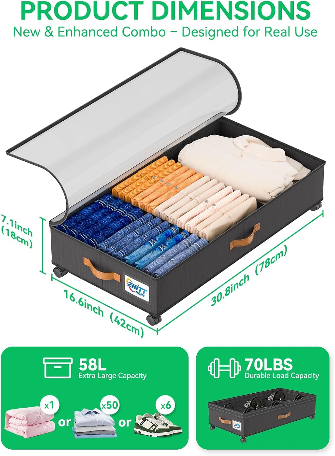 Under Bed Storage with Wheels, Upgraded Scalable Under Bed Storage Containers with Lids, 2Pack Underbed Storage Organizer Rolling Bins for Shoes Clothes