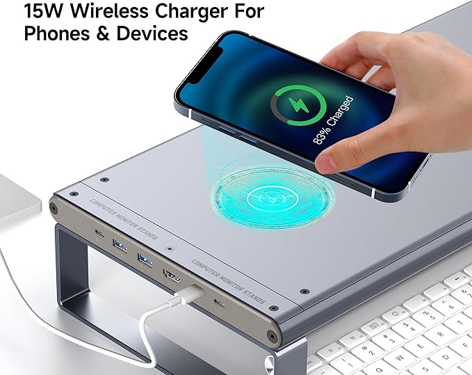 Monitor Stand HUB - Aluminum Riser with 6-in-1 Docking Station: 4K HDMI, USB-C, USB 3.0, PD 100W, Wireless Charging, Drawer Organizer - Gray