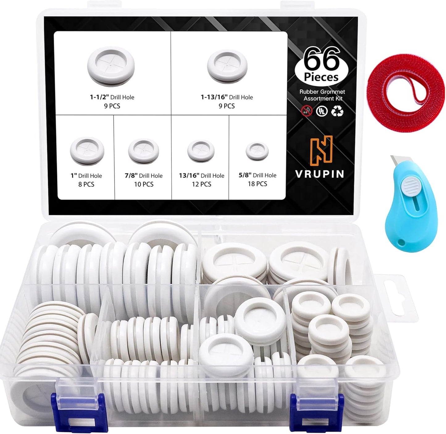 66Pcs Rubber Grommet Assorted Kit, Drill Hole Firewall Hole Plugs Wire Protection, 6 Sizes 1-13/16" 1-1/2" 1" 7/8" 5/8" 3/16"