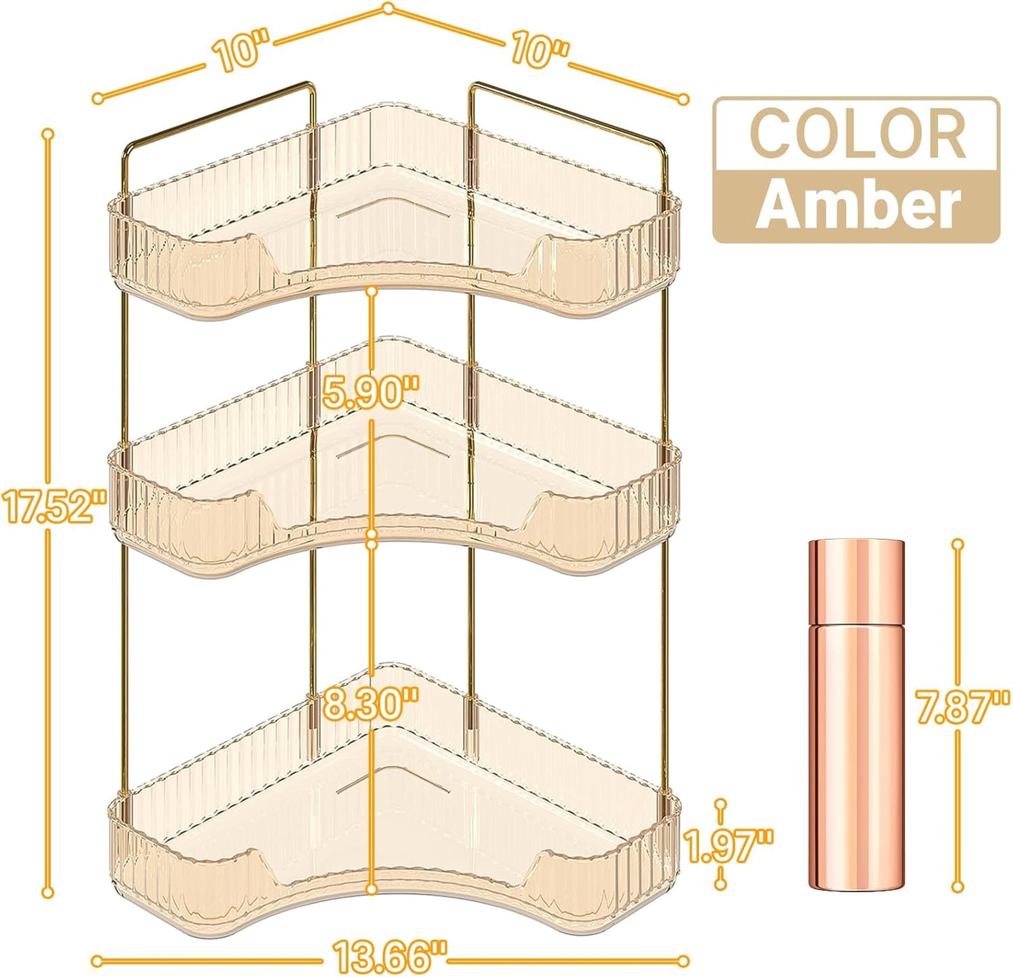 3-Tier Corner Bathroom Counter Organizer, Plastic Bathroom Organizer Countertop, Makeup Organizer for Vanity Perfume Tray Holder for Corner Storage, Amber