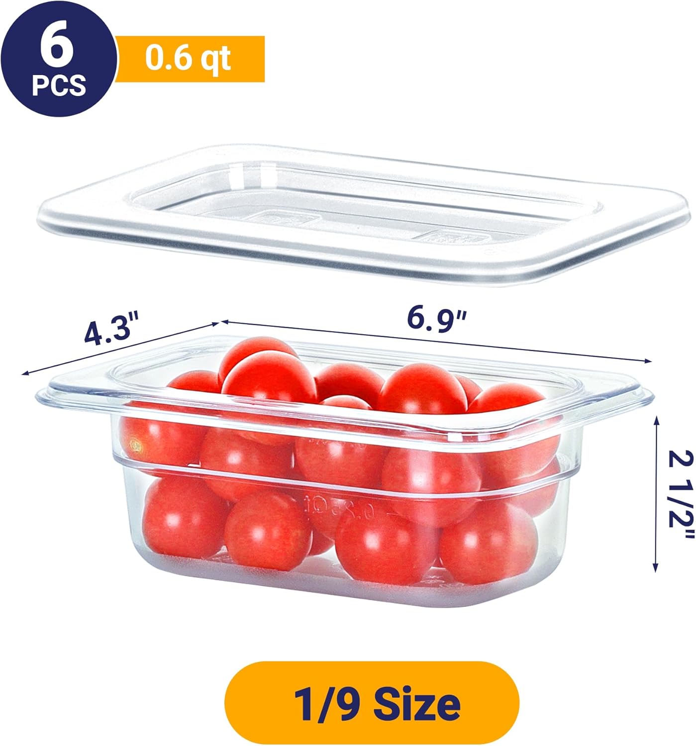 6 Pack NSF Food Pans with Lids, 1/9 Size 2.6'' Deep Commercial Food Storage Containers, Polycarbonate, Clear