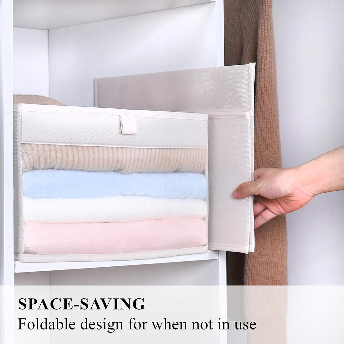 WUIKE Closet Storage Bins, Fabric Organizer Baskets with Clear Window and Handles, Foldable Storage for Shelves, Beige, Large, 3-Pack