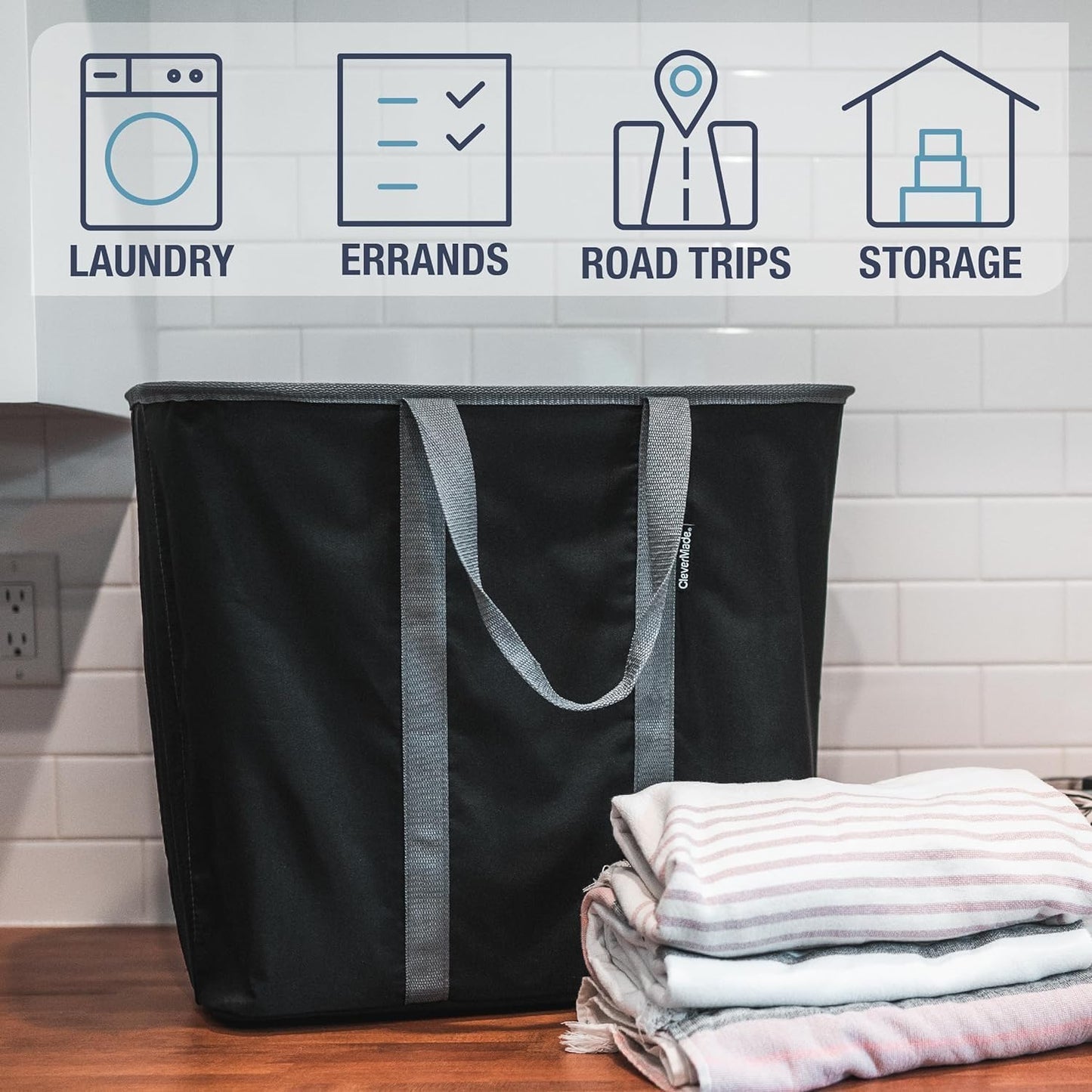 CleverMade Collapsible Laundry Caddy - Denim Shadow Gray 2Pack 64L - Foldable Storage Organization Container for Clothes Laundry Room Storage Solution