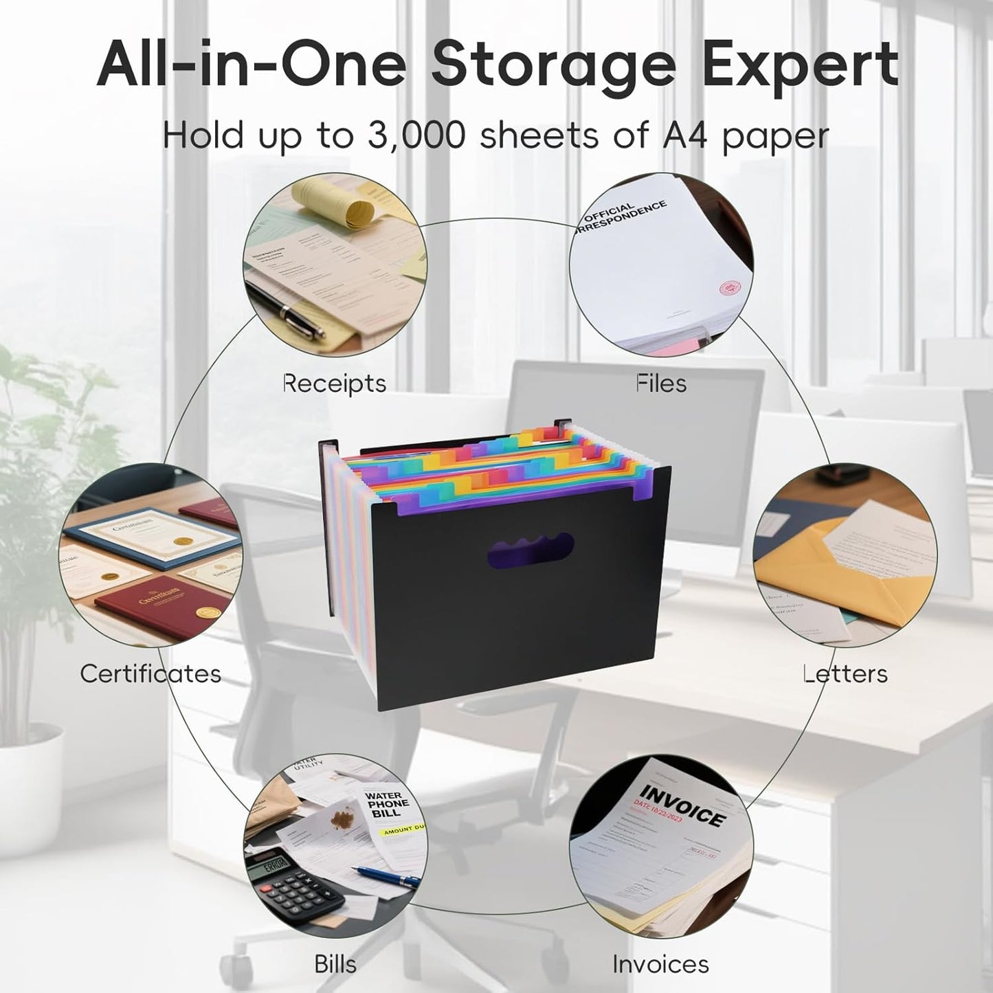 File Organizer Box with Folder, Accordion File Organizer 25 Pockets, File Folder Organizer with Lid for Home, Office, School, Silver