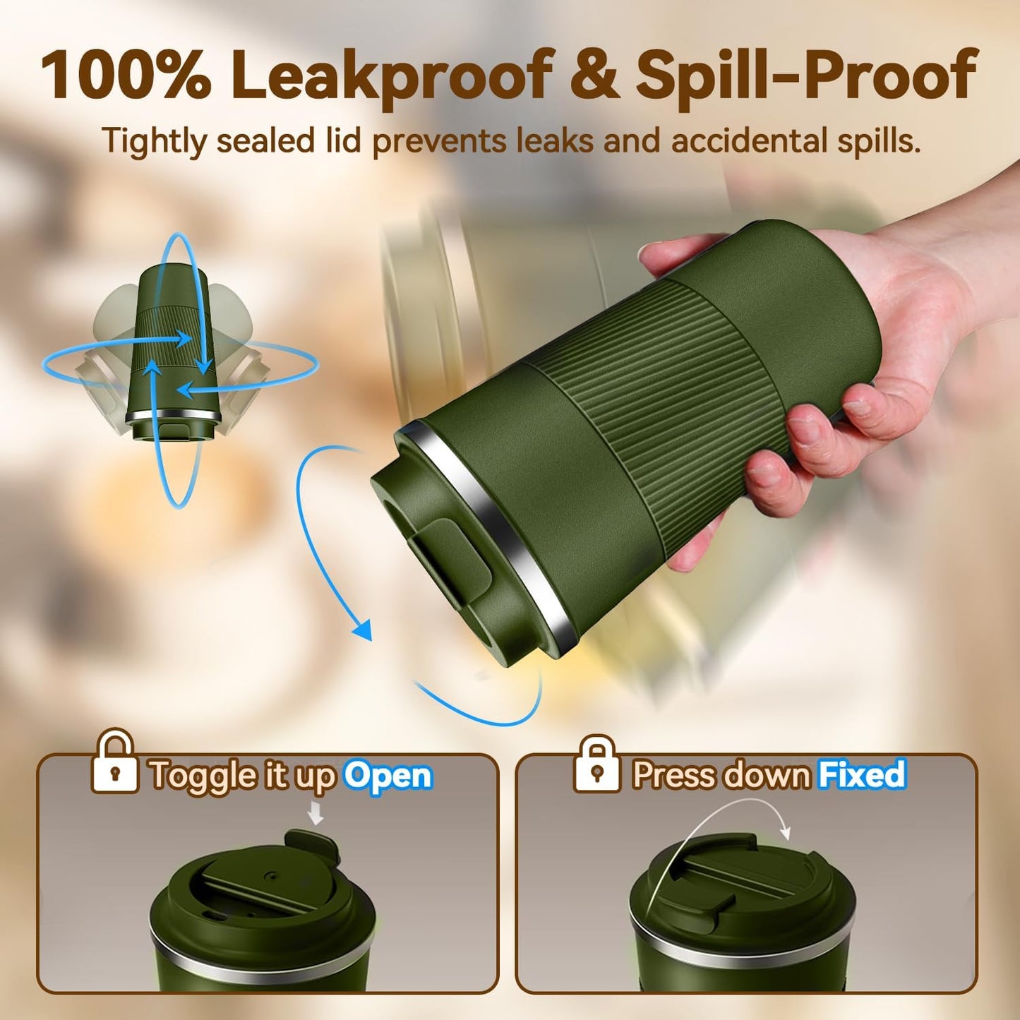 17OZ Travel Coffee Mug Insulated Coffee Cup with Spill Leak Proof Lid, Portable Stainless Steel Tumbler Reusable Hot and Cold Water Mug for Car, Daily, Camping- Military Green