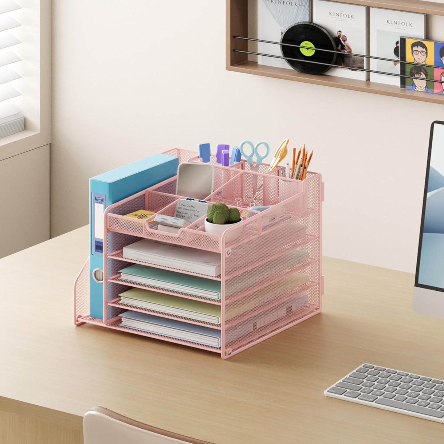 Lavatino Desk Organizer, 5-Tier Metal Mesh Paper Letter Tray with File Holder & 7 Flexible Dividers for Office or Home Desk Organizers and Accessories, Keep Workspace Supplies Neat & Organized, Pink