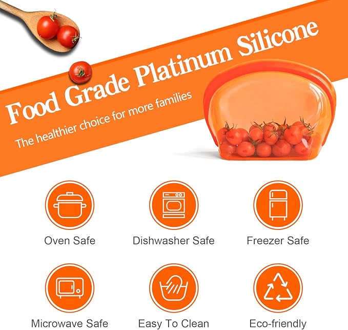 Platinum Silicone Reusable food storage Bags Multipack - 8 Pcs clear freezer storage containers, Double Lock Seal Leakproof reusable snack bags- Oven Dishwasher Freezer Safe - Mix Color