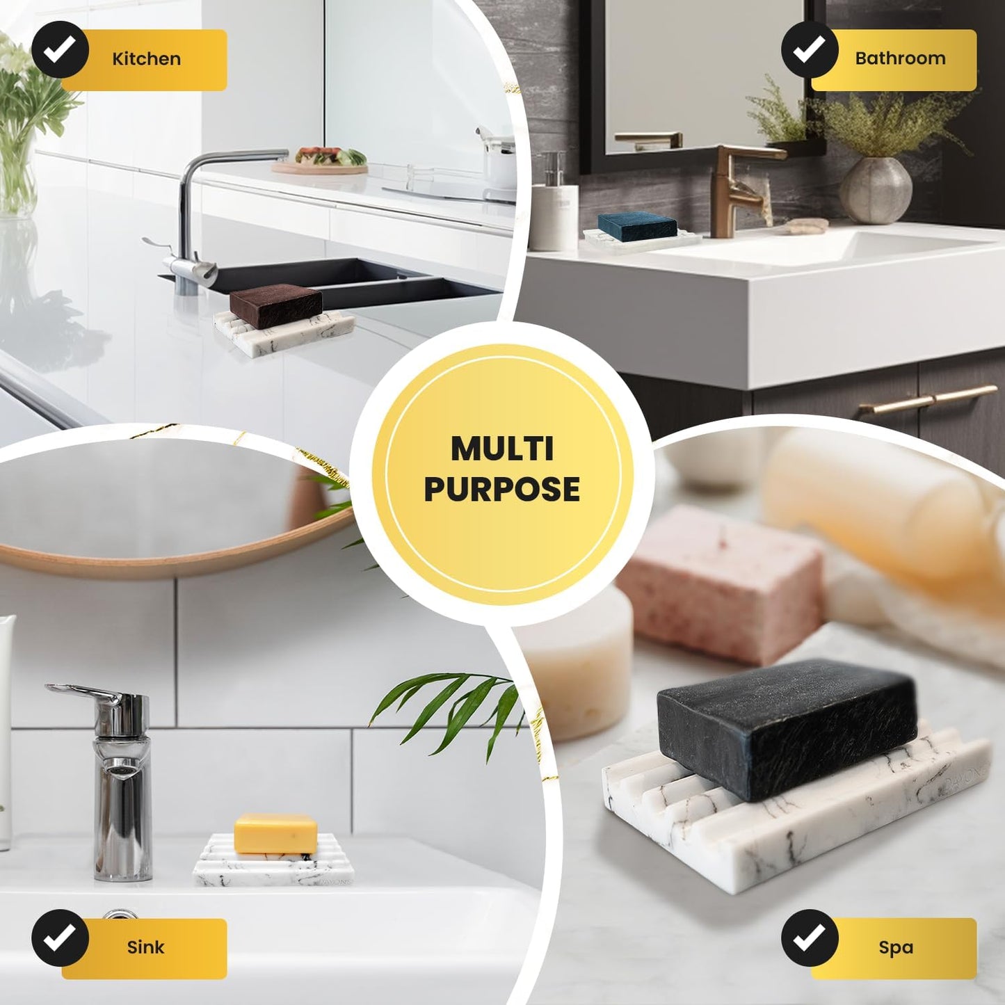 DAY1 Marble Soap Dish Tray – Bathroom Sink Soap Holder, Vanity Tray, Brush Organizer, Decorative Resin Dish for Kitchen, Countertop, Bathtub, Bar Soap, Sponges, Paint Brushes (White)