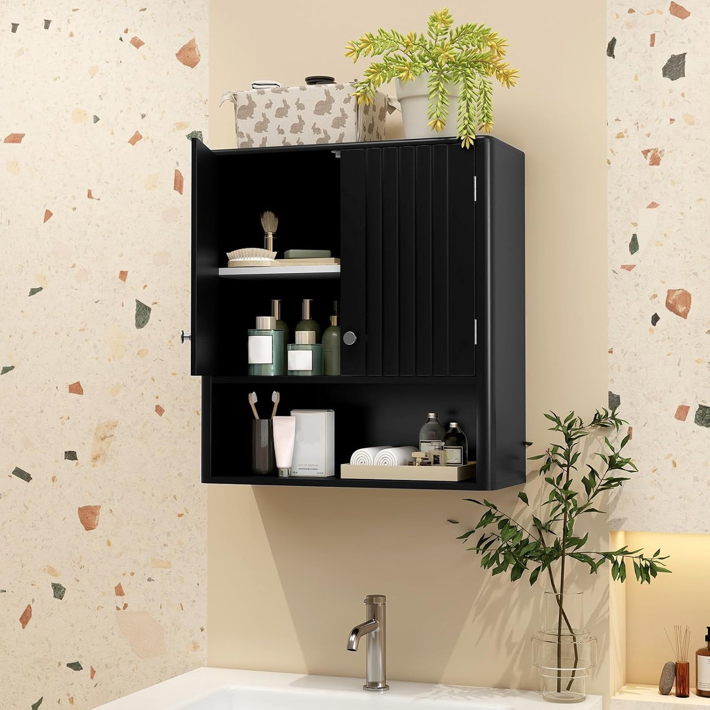 Giantex Wall Mounted Bathroom Cabinet, Fluted Modern Medicine Cabinet with Doors, Adjustable Shelf, Floating Over The Toilet Space Saver Storage Cabinet for Laundry Room, Kitchen (Black)