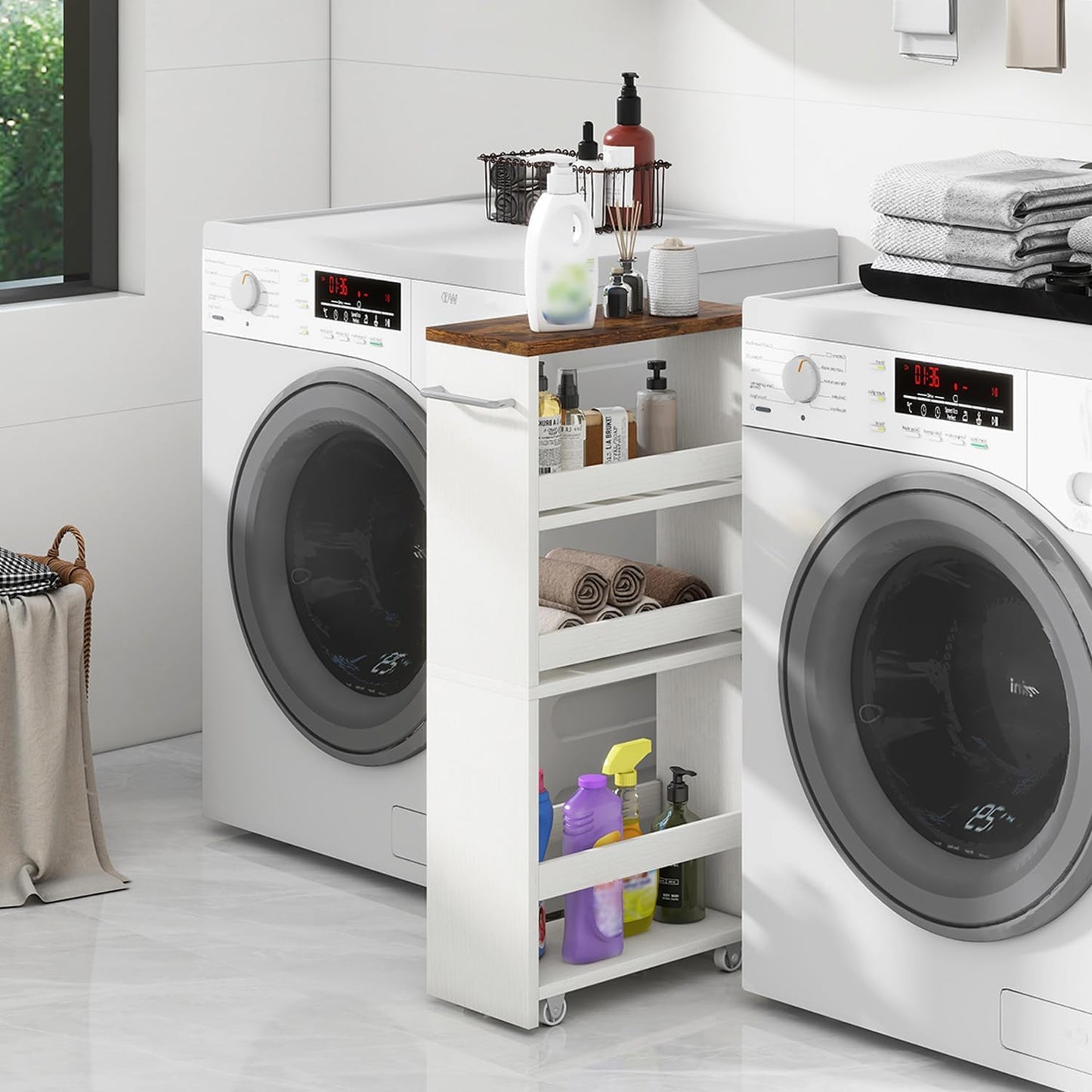 IBUYKE Slim Storage Cart 5.9" W, Rolling Organizer Trolley for Small Spaces, 4-Tier Laundry Cart with Handle, Slide Out Utility Cart for Kitchen, Living Room, Laundry,Narrow Places,White WST005W