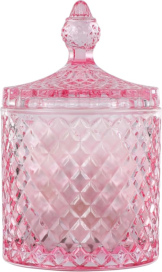 Qtip Holder Glass Apothecary Jars with Lid for Bathroom Canisters Dispenser Decor, Storage Organizer for Cotton Swabs, Balls, Pads, Floss Picks, Candy, Pink