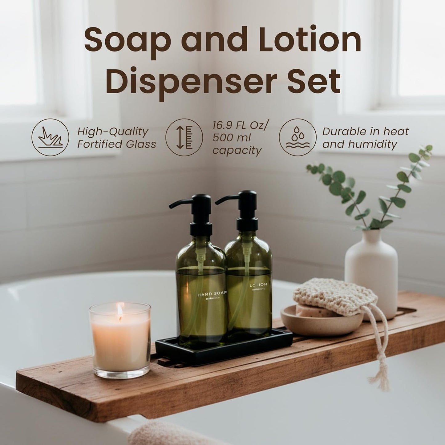 Maisonovo Kitchen Soap Dispenser Set | Hand and Dish Soap Dispenser Set with Handmade Ceramic Vanitry Tray and 16 Waterproof Labels | Green Glass Bottles & Black Pumps