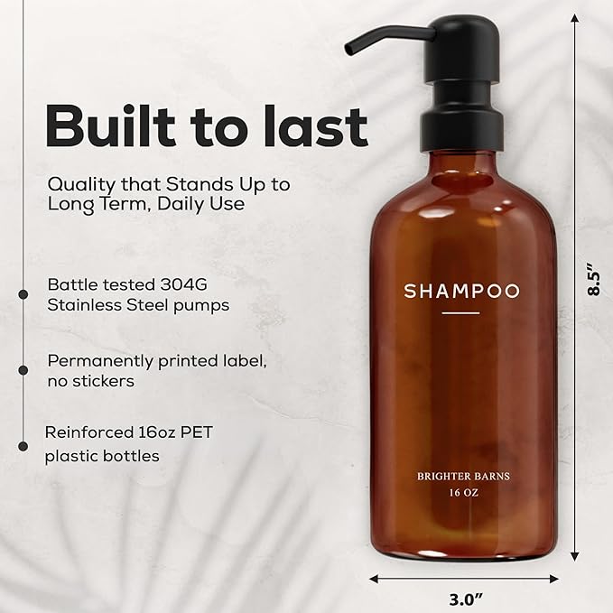 Amber Shampoo and Conditioner Dispenser Set by Brighter Barns - Body Wash and Shampoo Bottles with Pump - Refillable Plastic Shower Dispenser for Modern Bathroom Decor in Vacation Rental, Spa (Amber)