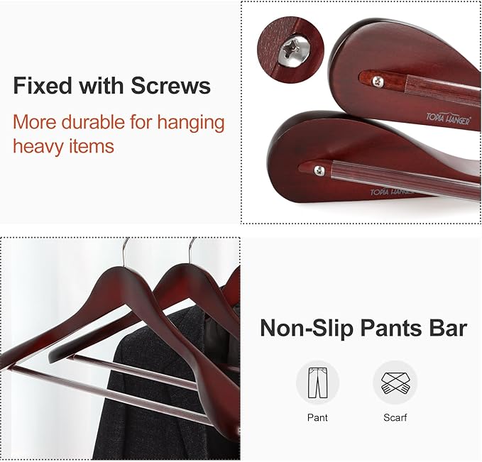 TOPIA HANGER Wide Shoulder Wooden Hangers, Suit Hangers with Non Slip Pants Bar & 360° Swivel Hook, Solid Wood Heavy Duty Coat Hanger, 6 Pack (Matte Cherry)-CT02C