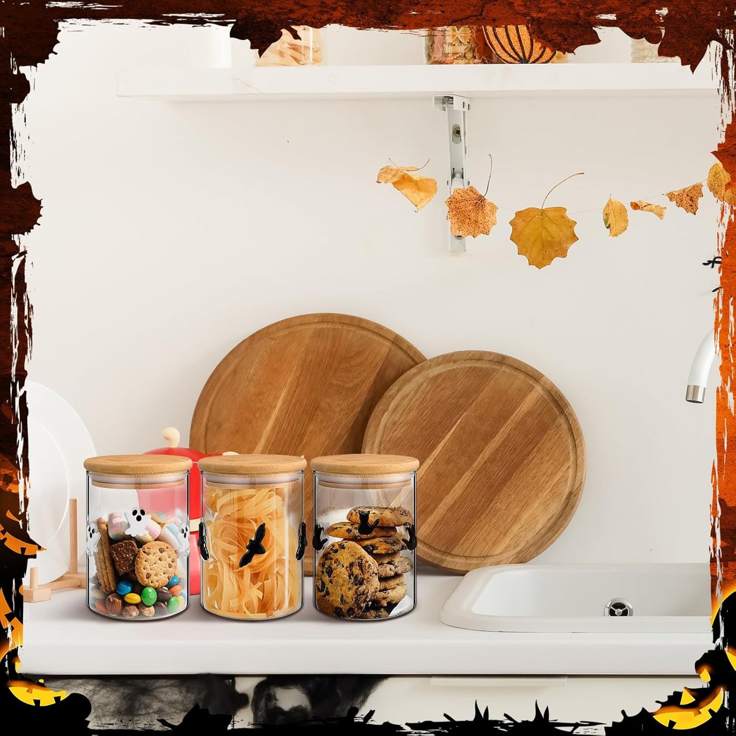 3 Pcs Halloween Icon Glass Storage Jars with Airtight Bamboo Lid Black White Ghost Bat Cat Icon Halloween Glass Jars Canister Sets for Winter Home Kitchen Countertop Decoration