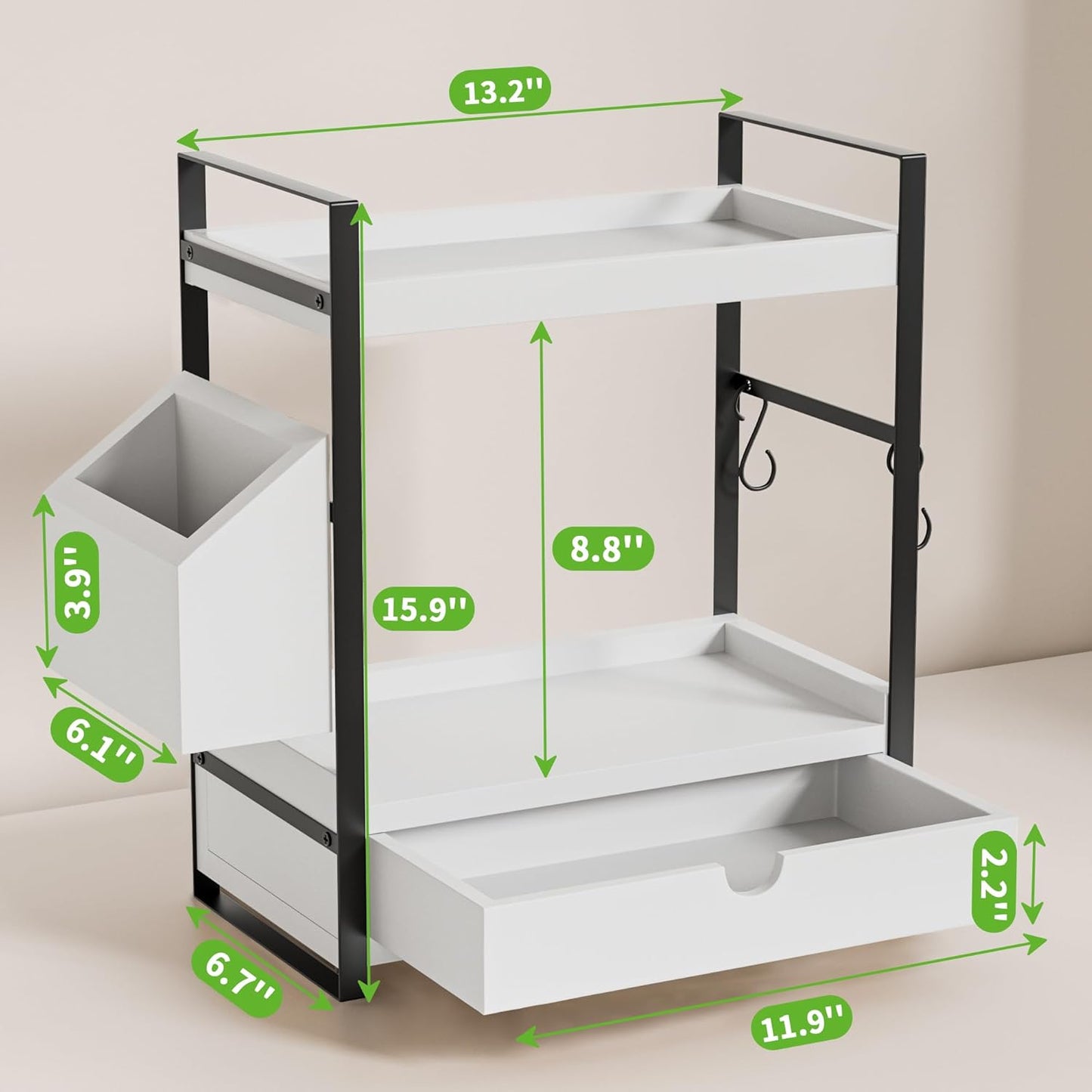 2-Tier Bathroom Counter Organizer with Drawer and Basket, Wood Countertop Organizer for Storage, Skincare Organizers for Vanity, Counter Shelf for Bathroom Organization,White