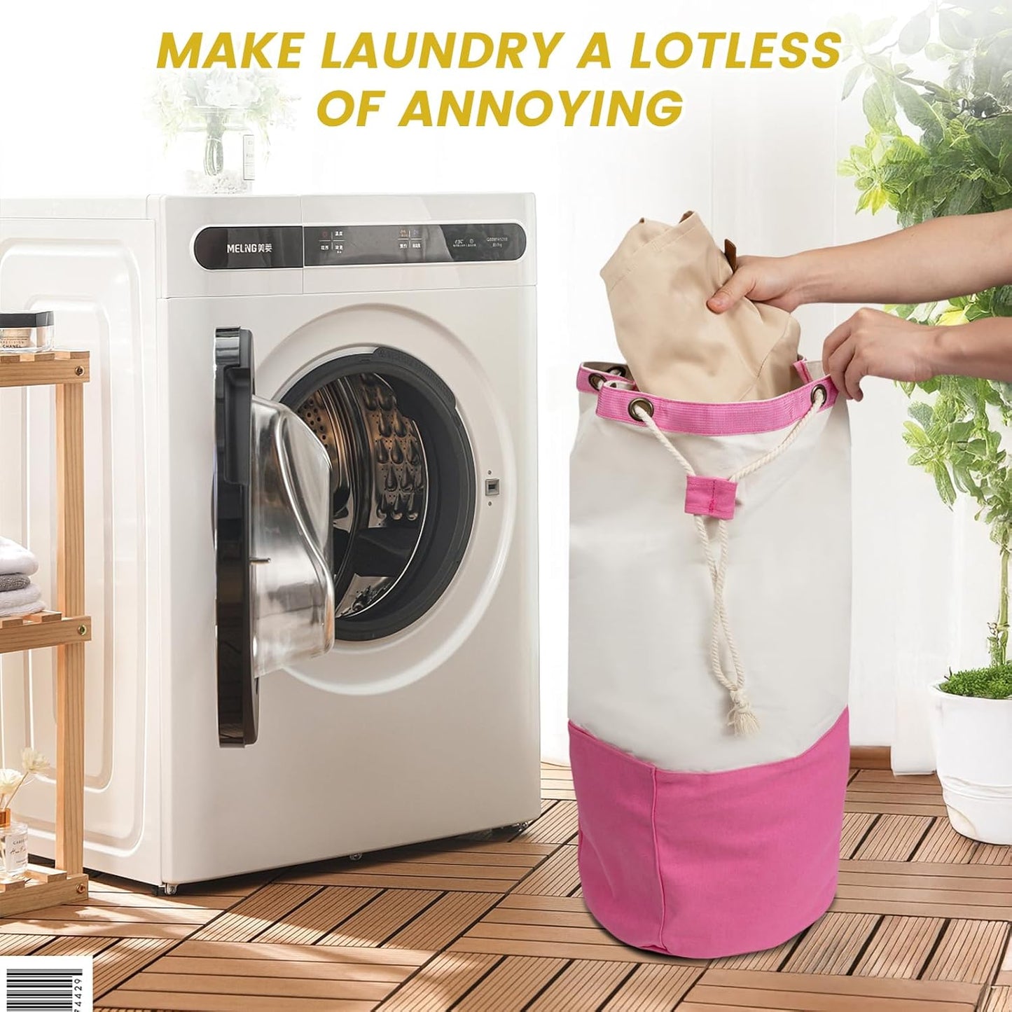 Single-shoulder backpack-style laundry bag with shoulder strap and pockets, made of durable canvas material, with drawstring closure design, suitable for college, travel, laundromats, and apartments.