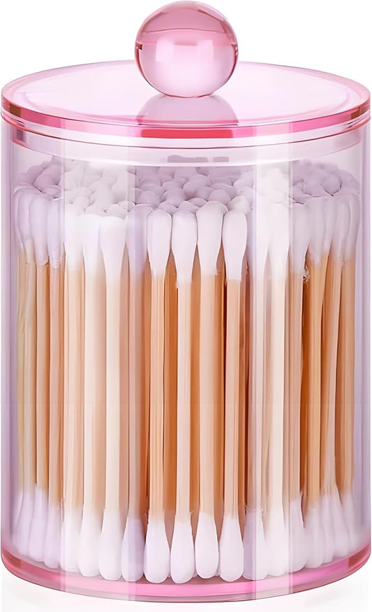 AXX Qtip Dispenser Apothecary Jars Bathroom - Qtip Holder Storage Canister Clear Plastic Jar for Cotton Swab,Q-Tips,Cotton Rounds (Pink 1Pcs)