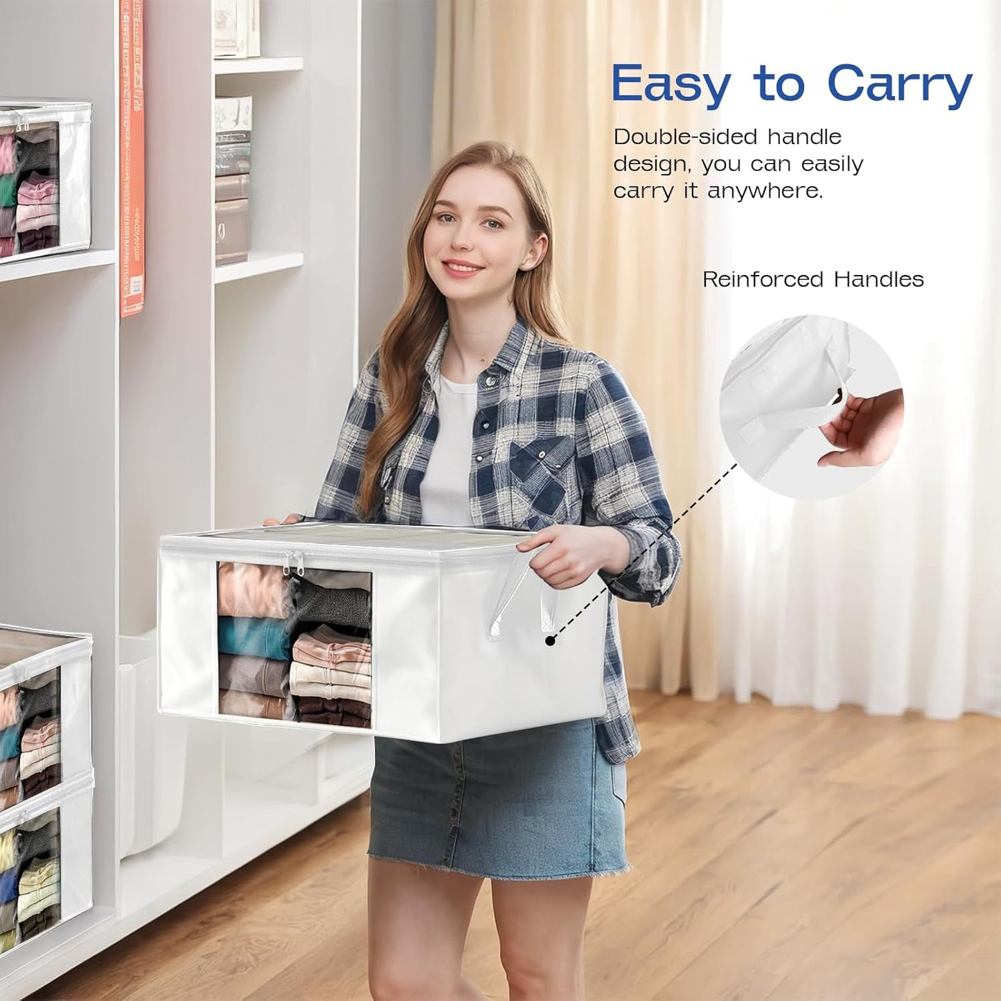 Clothes Storage Bags, Foldable Thick Fabric Blanket Storage Bags, Large Clear Window & Carry Handles, Great for Clothes, Blankets, Closets, Pillows, Toys (White, 4PACK)