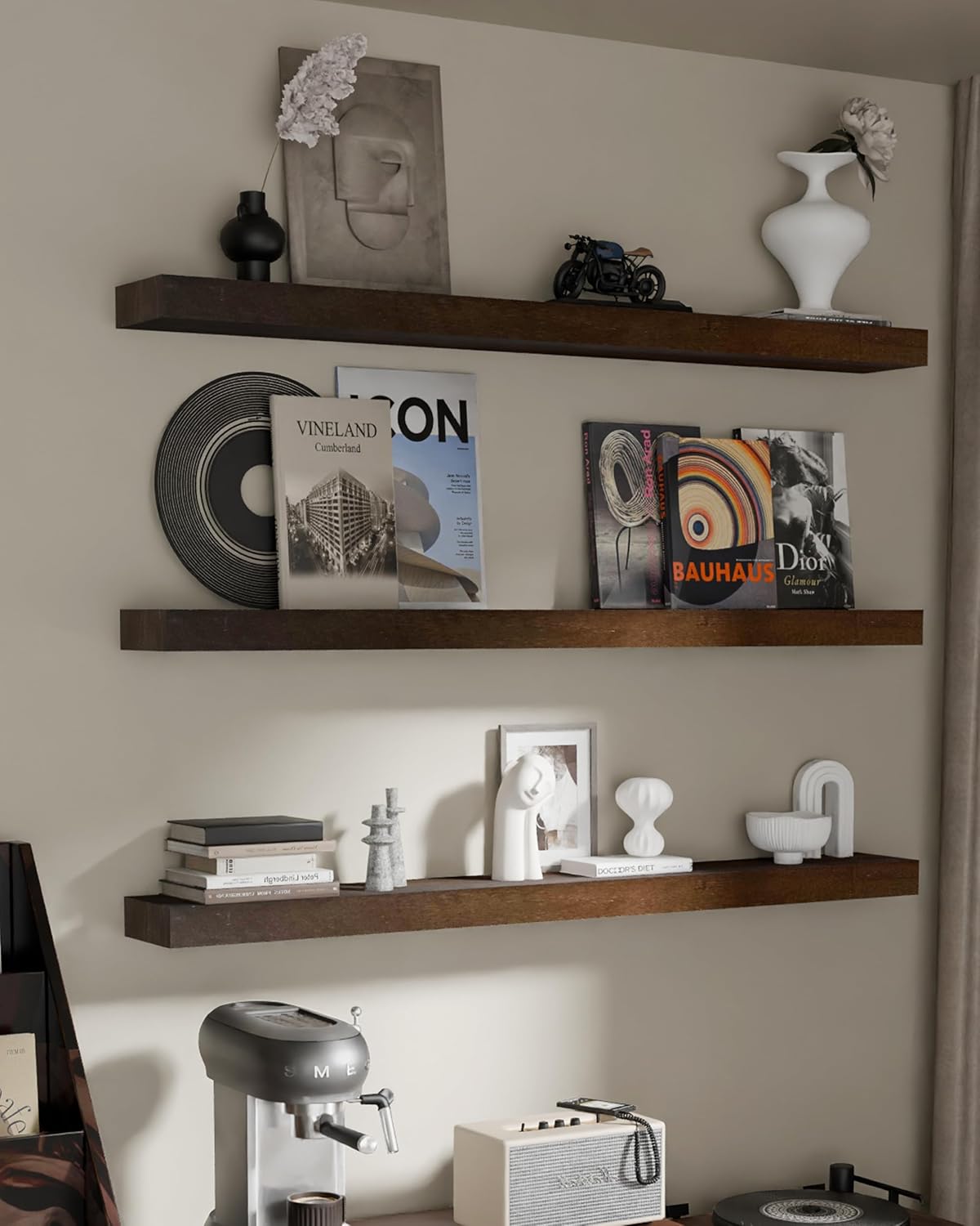 Floating Shelves for Wall, 48 Inch Extra Long Walnut Wall Shelves, Set of 3, Hanging Invisible Brackets Floating Shelves for Living Room,Bedroom,and Kitchen