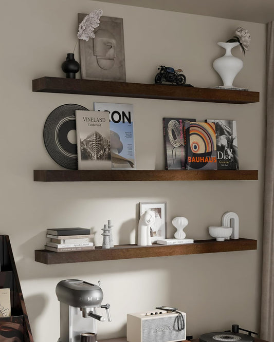 Floating Shelves for Wall, 48 Inch Extra Long Walnut Wall Shelves, Set of 3, Hanging Invisible Brackets Floating Shelves for Living Room,Bedroom,and Kitchen