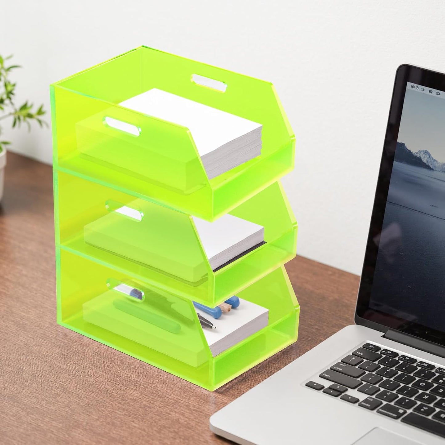 Stackable Storage Bin Organizer with Handles Acrylic Storage Container for Toy Pantry Kitchen Cabinet Bathroom Closet Office Organization, 11.4x7.5x5.1'', Neon Green