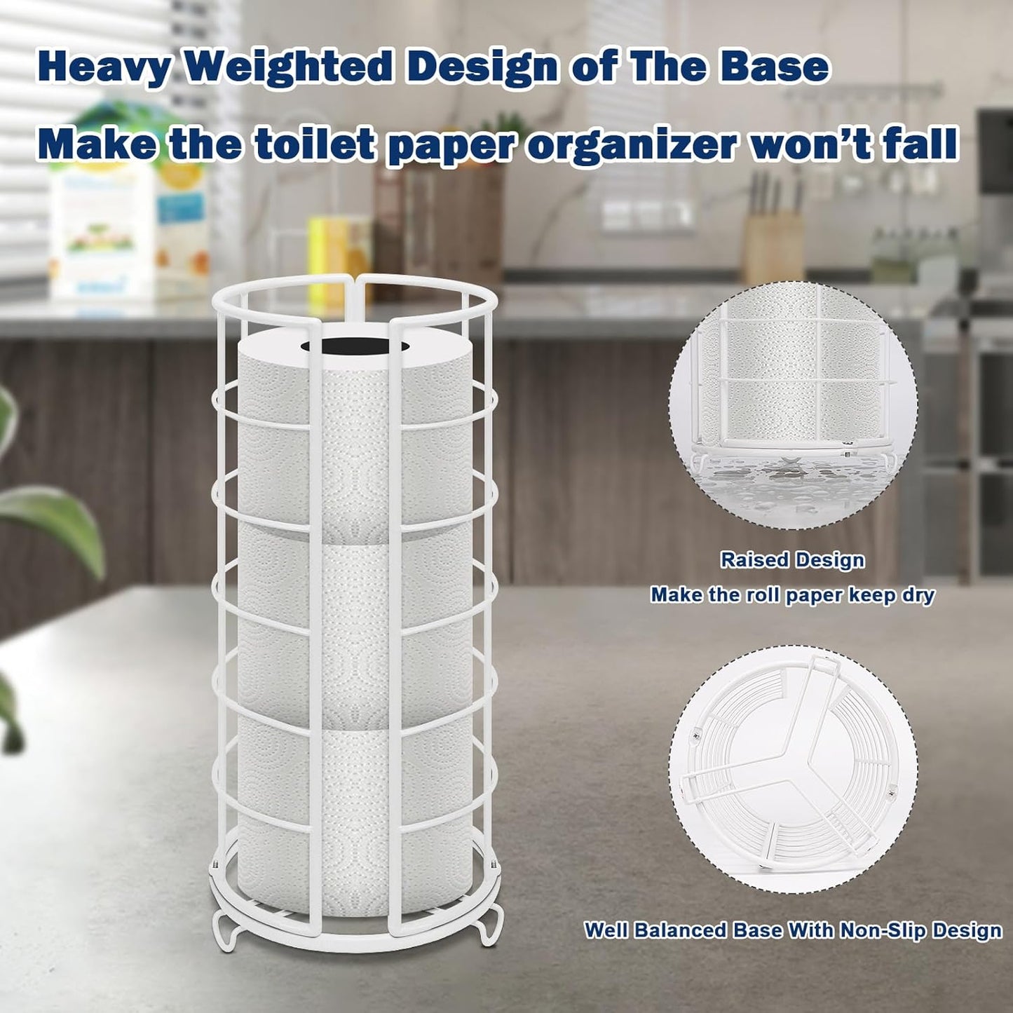 NearMoon Toilet Paper Organizer Stand, Free Standing 3 Rolls Tissue Storage, Metal Bathroom Accessory, Rustproof Toilet Roll Holder for Kitchen Countertop Inside Cabinet Shelf(Metal Base, White)