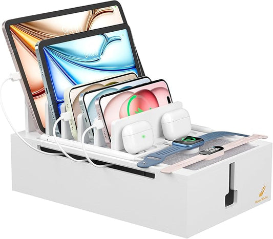 Pezin & Hulin Bamboo Charging Station, Electronic Devices Organizer for Multiple Devices Charger Such As Cell Phone, Tablet, Watch and More, White, (No USB Charger and Cables