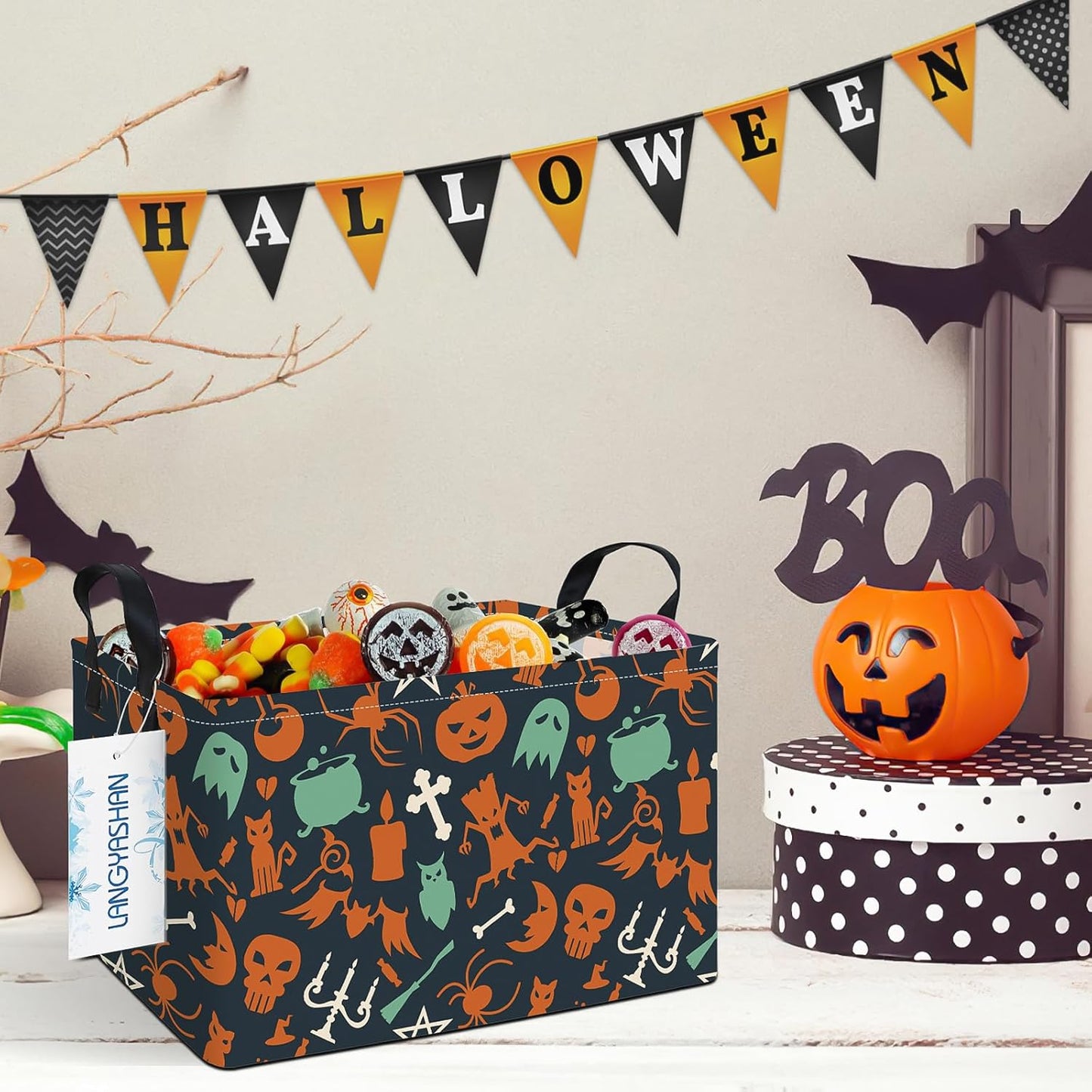 LANGYASHAN Rectangular Halloween Ghost Storage Bin Collapse Canvas Fabric Cartoon Storage Basket Home Kitchen Boys and Girls Toys Office Closet Shelf Baskets (Rec Halloween Ghost Basket)