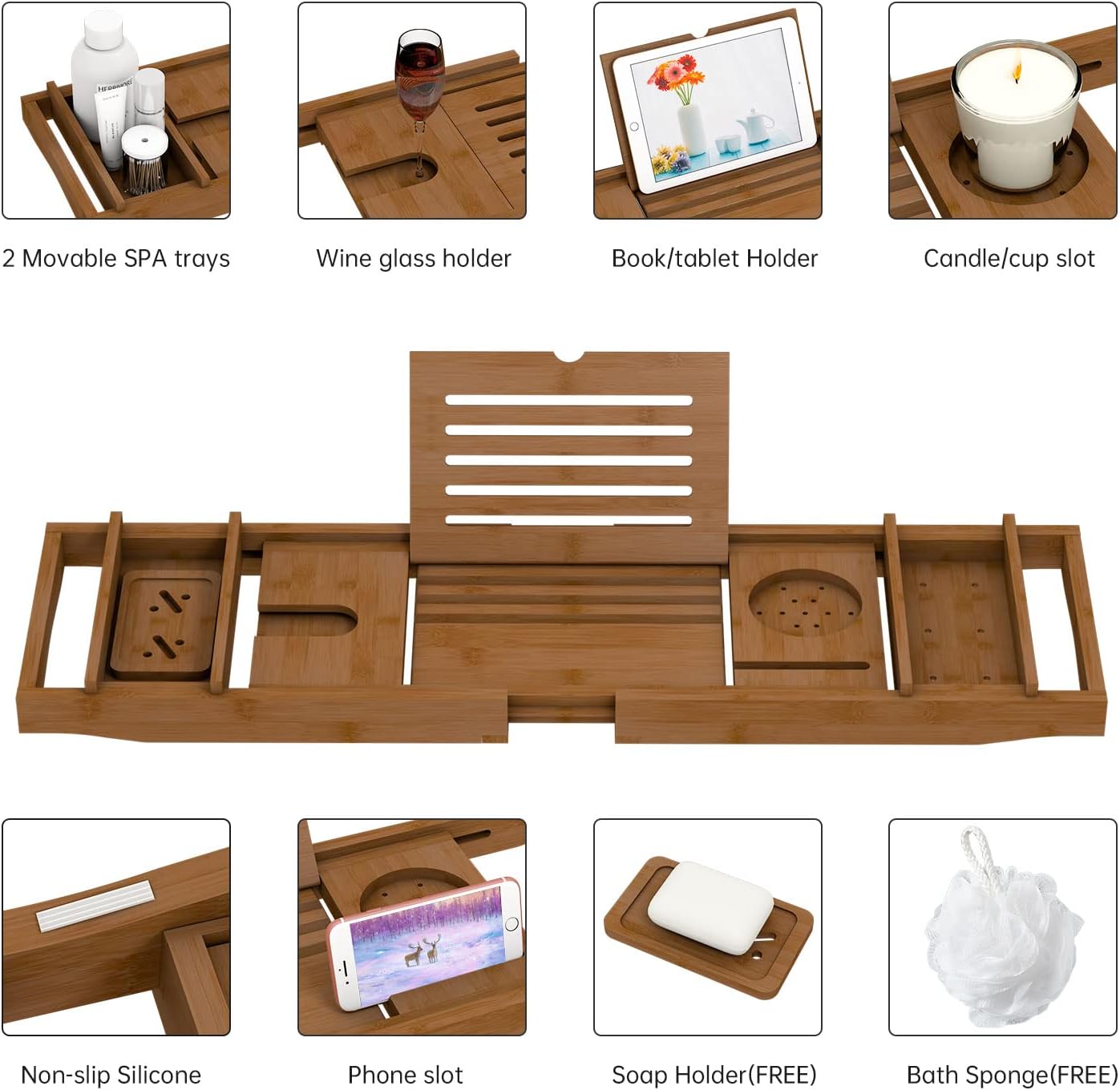 Bamboo Bathtub Tray for Luxury Bathroom, Expandable Premium Bath Tray with Soap Towel Book Holder, Luxury Spa Wooden Bath Table for Reading Laptop Over The Clawfoot Walnut