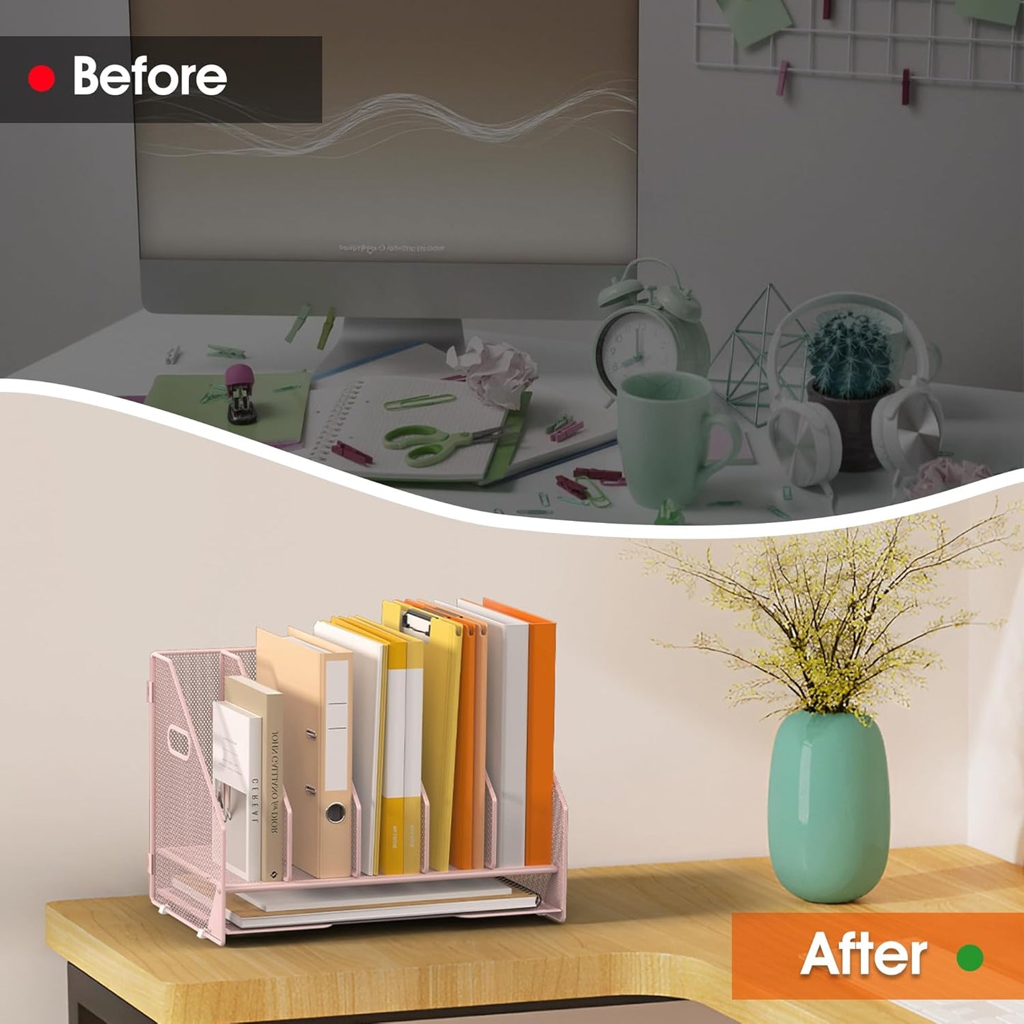 Desk File Folder Holder Organizer-5 Vertical Compartments Racks and Paper Letter Tray,Mesh Magazine File Holder Sorter,Desktop Accessories & Workspace Organizers for Home,Office,School-Pink