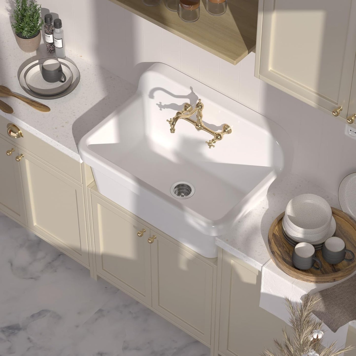 LUCKWIND 30 Inch Wall-Mounted Ceramic Utility Sink, White Farmhouse Sink for Laundry, Bathroom, Kitchen, Garage – Large Capacity, High Back Design