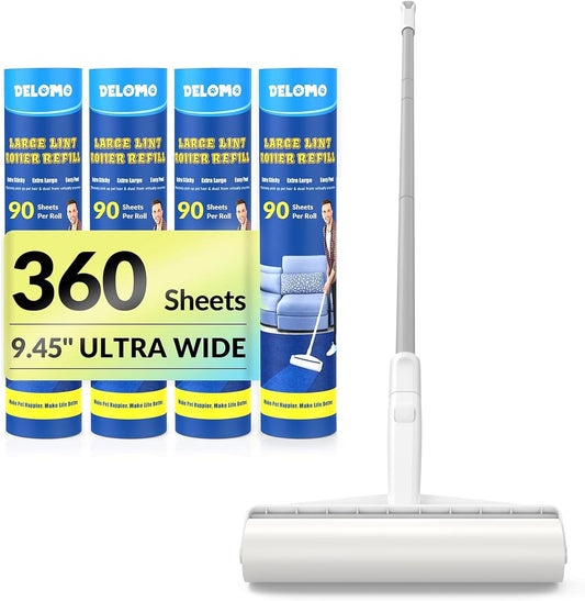 DELOMO Large Lint Roller for Floor & Carpet – 9.45" Extra Sticky Long Handle Roller with 360 Sheets, Easy-Peel Sticky Roller Mop for No-Bending Cleaning of Pet Hair on Couch, Furniture, Bed, Rug
