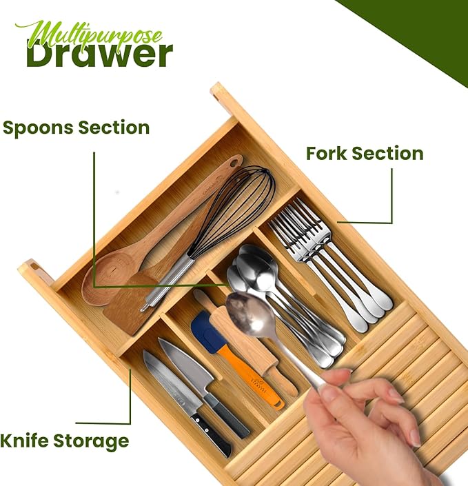 KozyKoala & Co. Bamboo Drawer Organizer with Sliding Lid - 5 Slot Kitchen Drawer Organizer & Utensil Holder - Wood Bamboo Cutlery Tray for Flatware, Gadgets & Multipurpose Storage for Home & Office