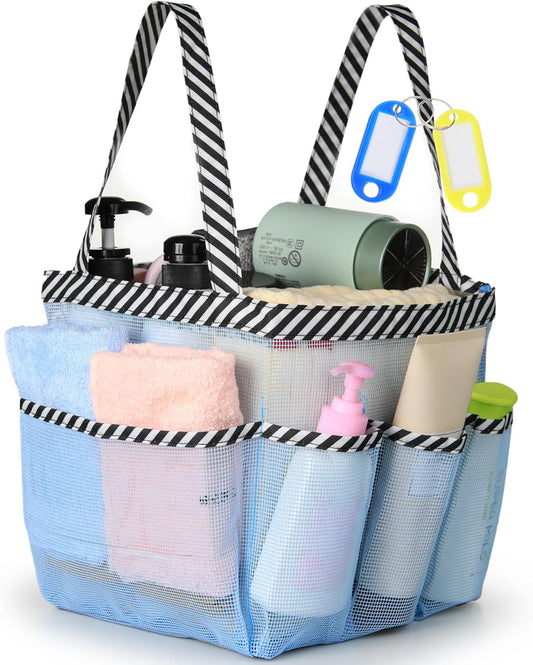 Temede Mesh Shower Caddy Tote, Large Shower Caddy Basket Portable, Quick Dry Hanging Toiletry Bag, 8 Storage Pocket Bath Organizer for College Dorm Room, Gym, Bathroom, Camp, Travel (Blue)