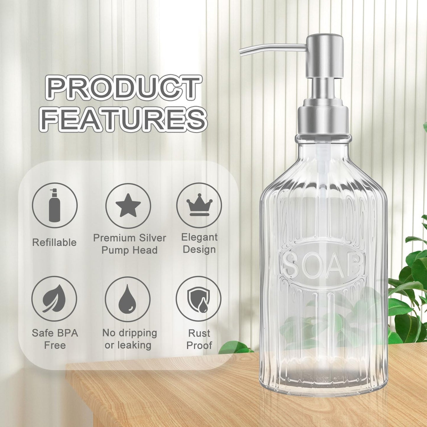 Elegant Glass Soap Dispenser with Rust-Proof Stainless Steel Pump - Refillable for Kitchen & Bathroom(Two Pack)