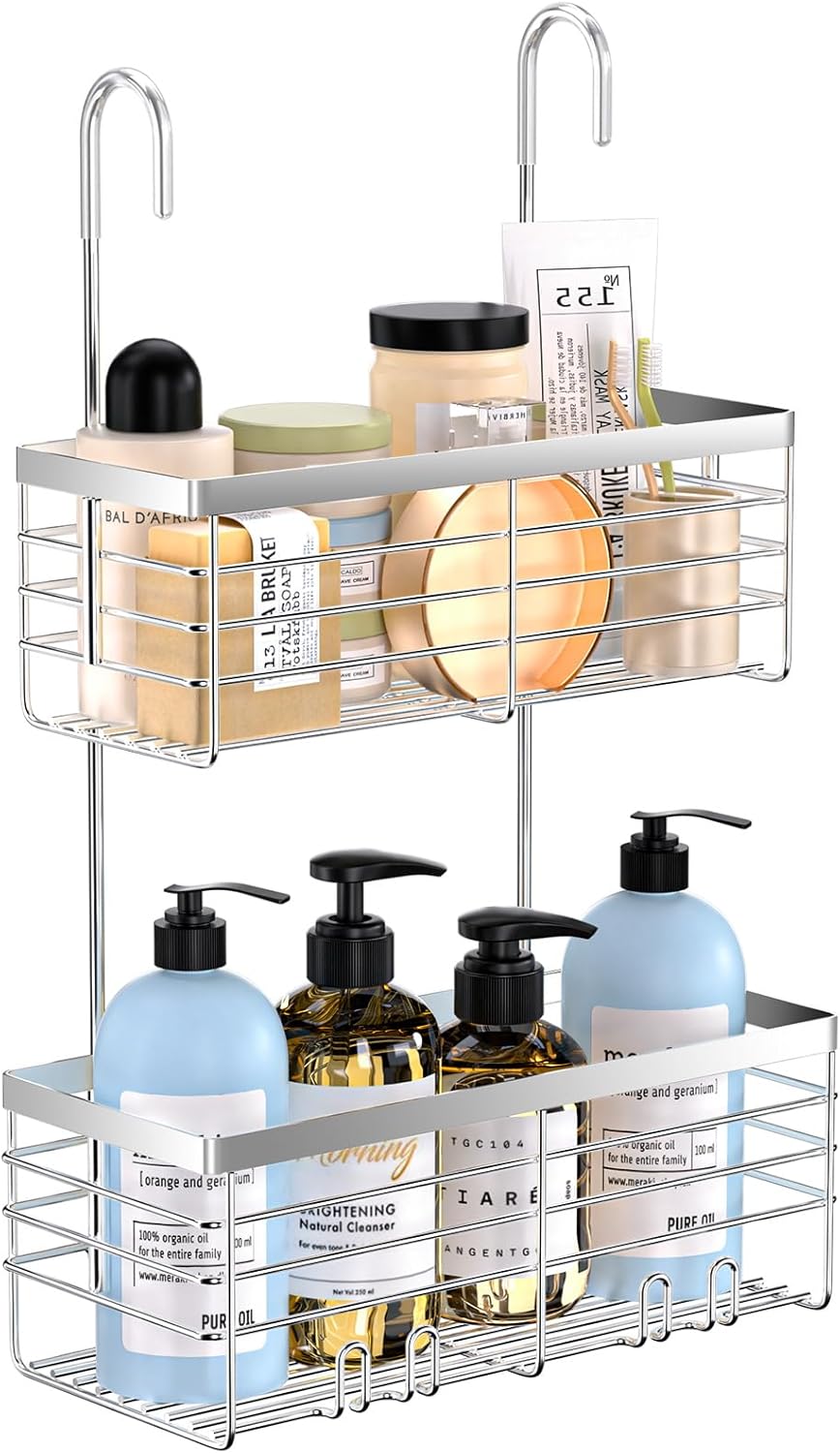 YUOROS Shower Caddy Hanging, 2 Tier Over the Door Shower Organizer Rack 304 Stainless Steel Rustproof (Silver)