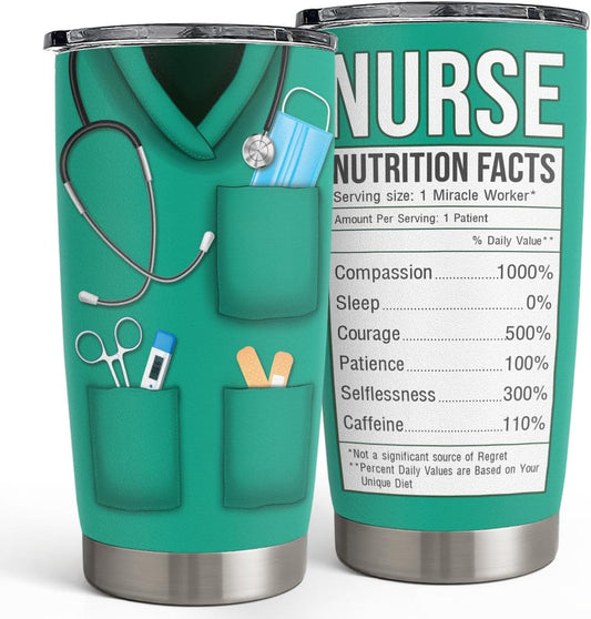 SANDJEST Nurse Tumbler Cup - Nutritional Facts Travel Coffee Mug Gift - 20oz Tumblers Nurse Gifts for Birthday, Christmas, Appreciation Week, Nursing School Graduation for Nurses, Practitioners