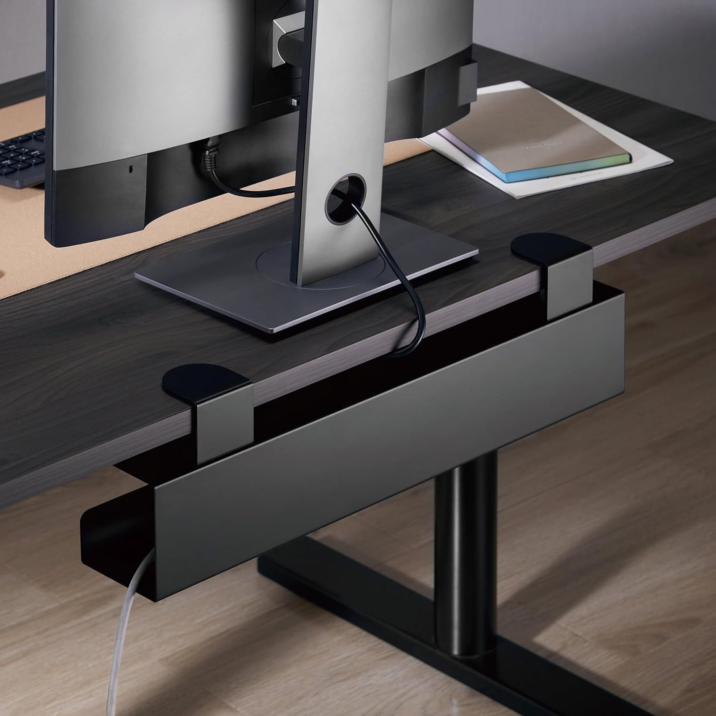 Mount-It! Clamp-On Under Desk Cable Management Tray – No-Drill Metal Cable Organizer for Office & Glass Desks, Secure Wire Management Tray for Power Strips & Cords – Sturdy Desk Cable Tray 23.6” Black