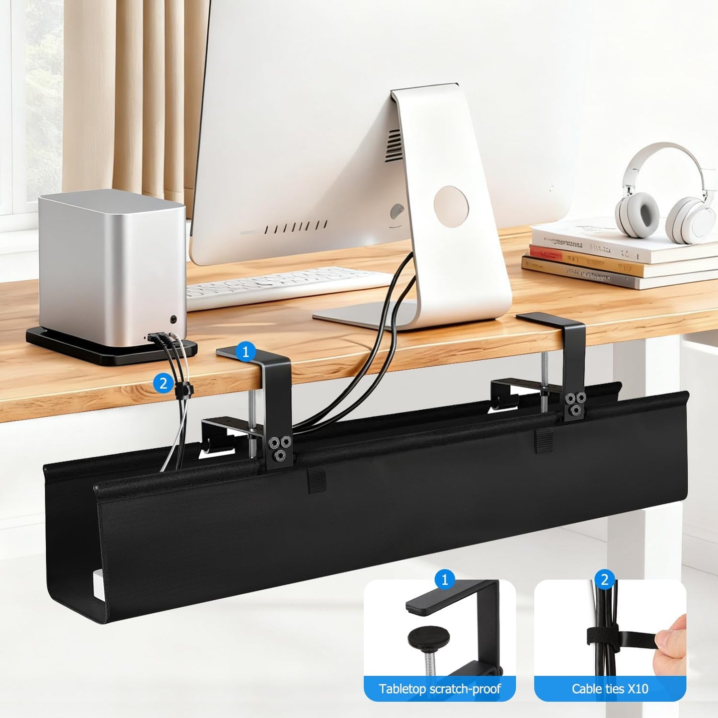 Under Desk Cable Management Tray - Heavy Duty No-Drill Clamp & Screw Mount, 28-Inch Cord Organizer for Home Office, Gaming Setup & Study Room, Holds Power Strip & Large Adapters (Black, 28"L x 5.5"W)