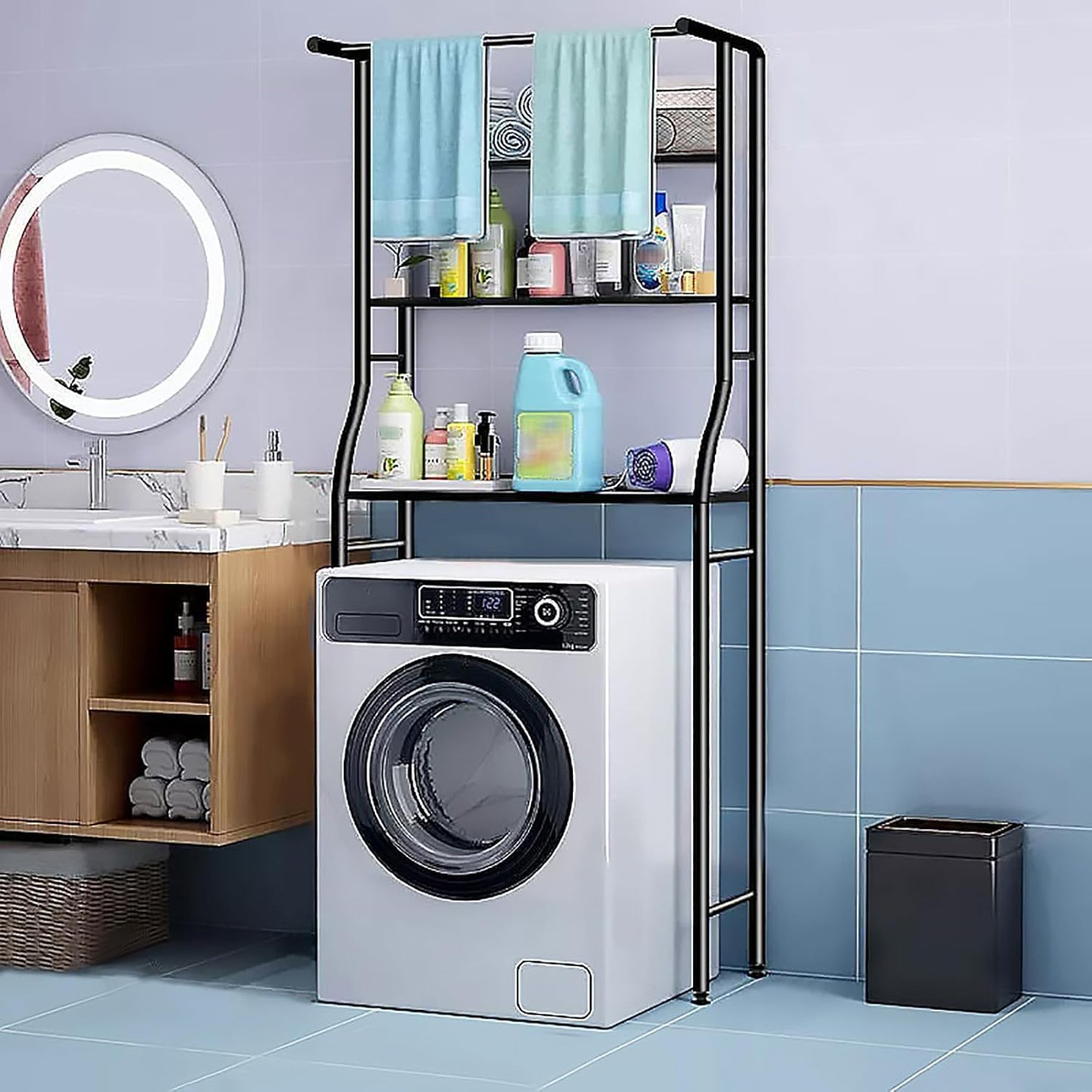 Over The Washer And Dryer Storage Shelf, 3-Tiers Over Dryer Storage Organizer for Space-Saving, Over Dorm Fridge Shelving Unit for Laundry Room Bathroom (Black)