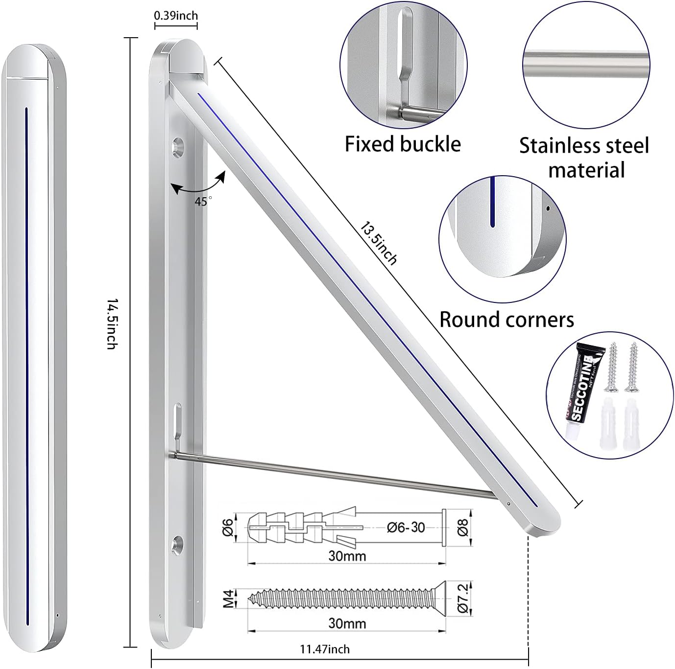 Wall Mounted Clothes Drying Rack - Foldable Indoor Laundry Rack,Space Saving Collapsible Clothes for Bathroom, Dorm, Apartment, RV, Laundry Room Organization.(Silver-Aluminum)